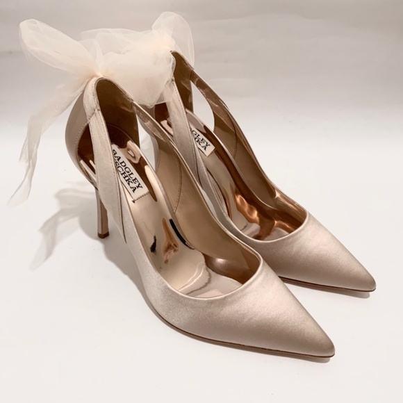 Badgley Mischka Kinsley Tulle Bow Detail Pumps Nude Stiletto Heel Evening Shoes - Picture 6 of 12